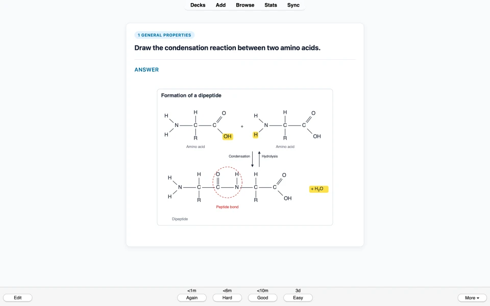 Card asking to draw the condensation reaction between two amino acids, with a diagram of dipeptide formation.