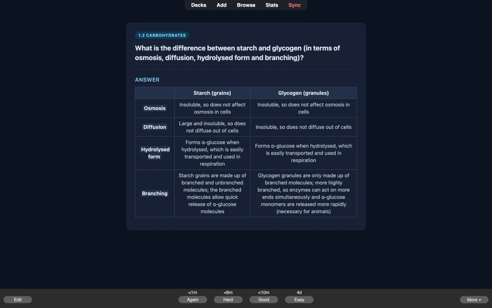 The same starch and glycogen card in dark mode.