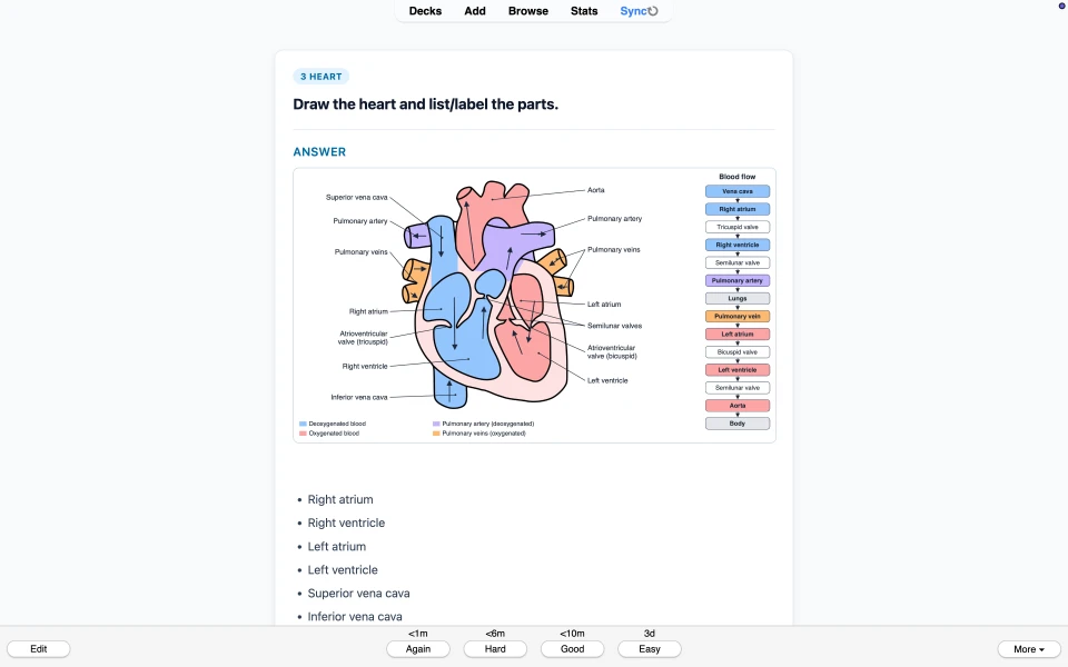 Card asking to draw and label the heart, with a labelled heart diagram and blood-flow chart as the answer.