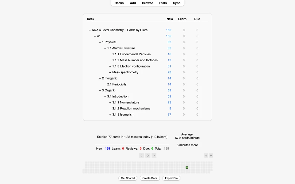 The sample deck in Anki: 155 cards in 1.1 Atomic structure, 2.1 Periodicity and 3.1 Introduction to organic chemistry.