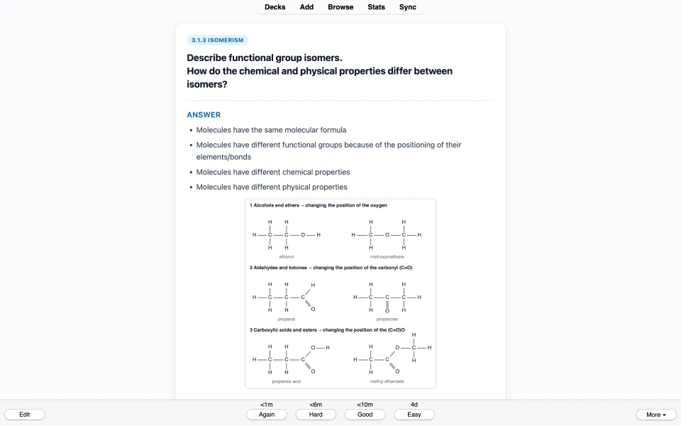 Card on functional group isomers, with structures of ethanol and methoxymethane, propanal and propanone, and propanoic acid and methyl ethanoate.