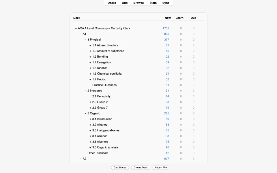 The deck in Anki: 1,732 cards. A1 has 805 cards across physical, inorganic and organic chemistry.
