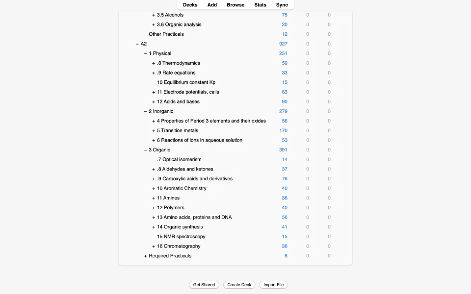 The A2 part of the deck: 927 cards across physical, inorganic and organic topics, plus required practicals.