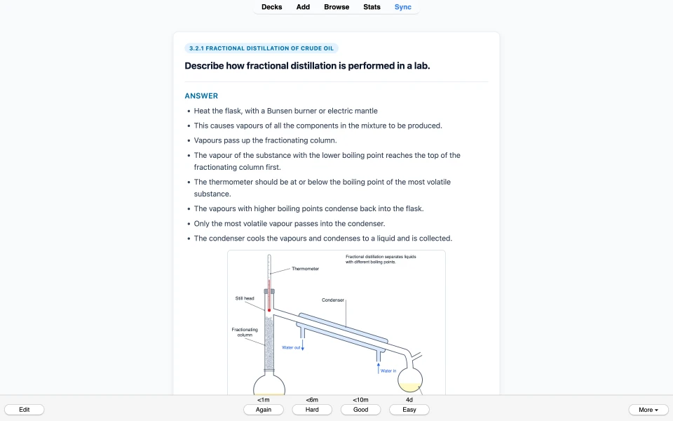 Card on how fractional distillation is done in a lab, with step-by-step answer and apparatus diagram.