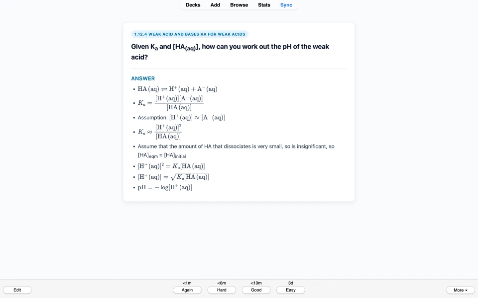Card on working out the pH of a weak acid from Ka, with typeset equations.