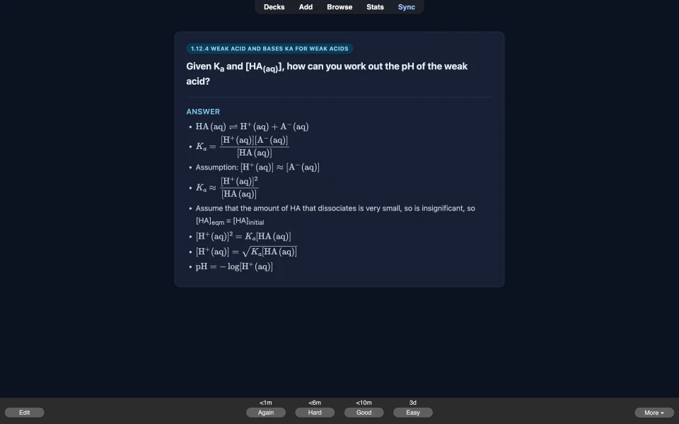 The same weak acid card in dark mode.