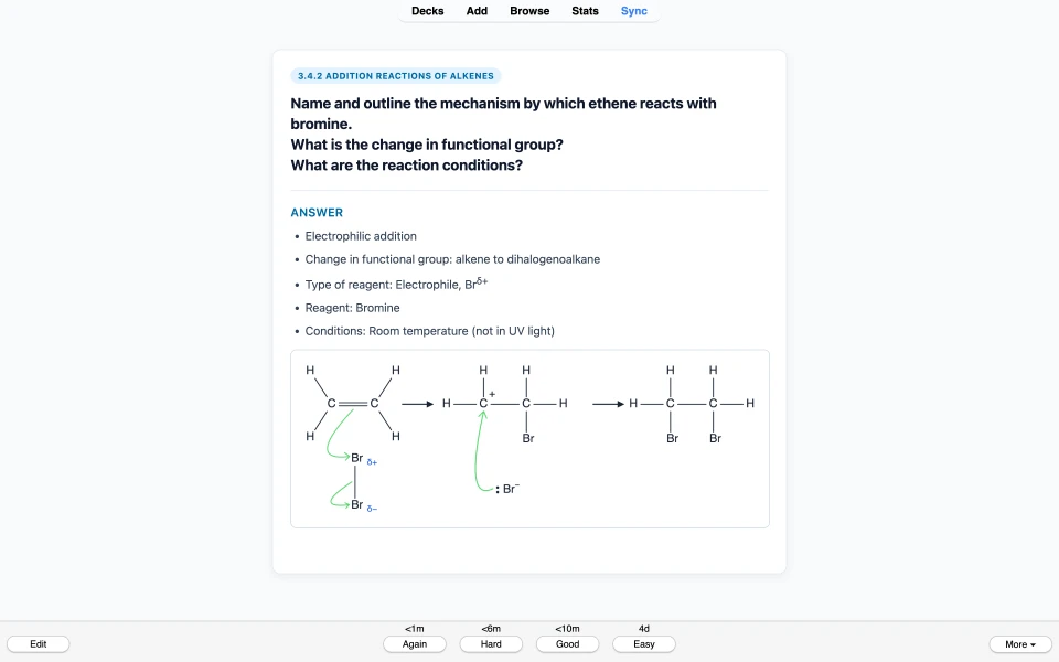 Answer side: electrophilic addition, with reagent, conditions and the mechanism drawn with curly arrows.